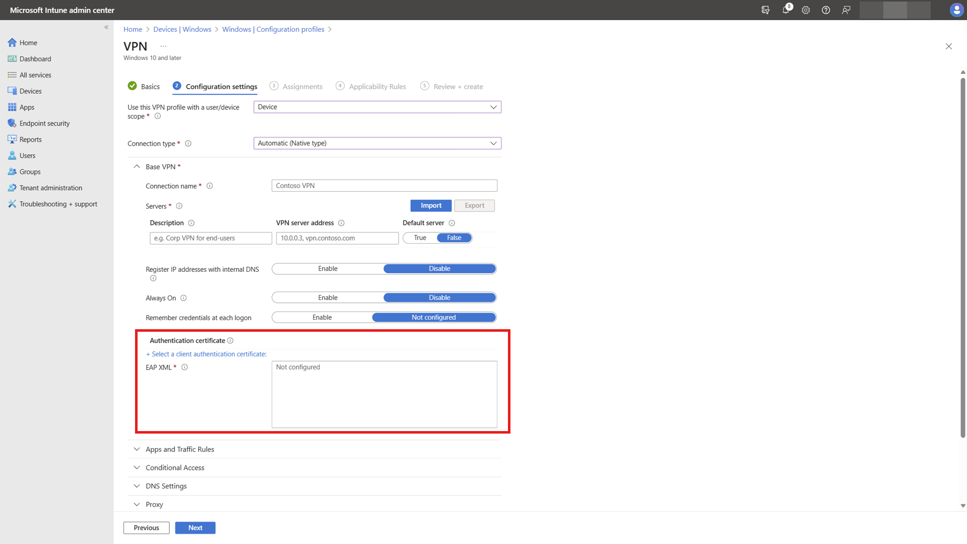 Captura de ecrã a mostrar a configuração XML de EAP no perfil Intune.