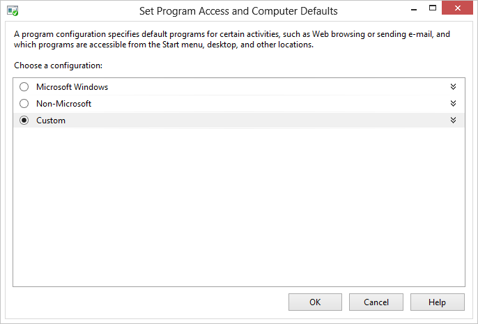captura de ecrã das definições de acesso a programas e padrões do computador
