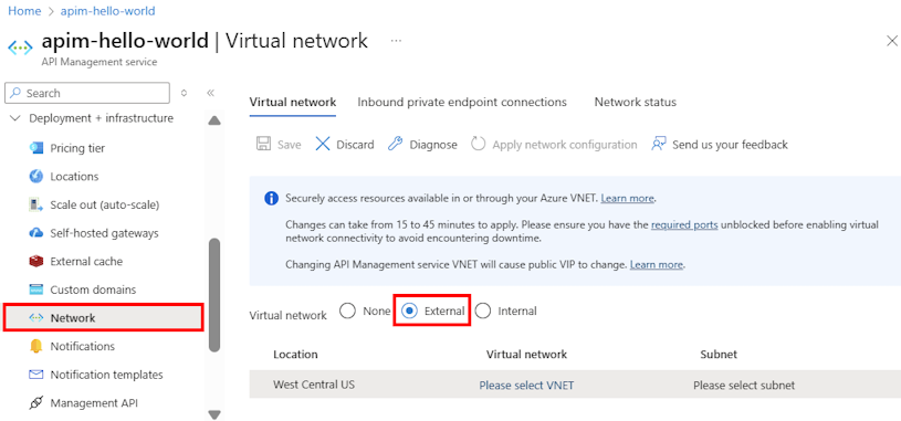 Skärmbild av nätverksinställningar i Azure portal.