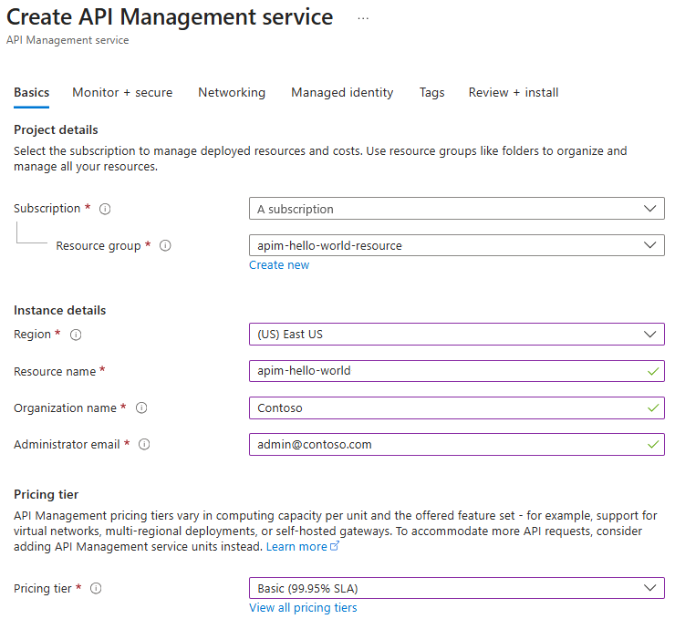 Skärmbild som visar de grundläggande inställningarna för att skapa en API Management-instans.