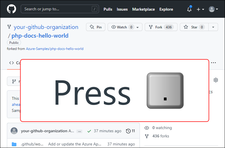 Skärmdump av den forkade php-docs-hello-world-repositoryn i GitHub med instruktioner för att trycka på punkttangenten på skärmen.