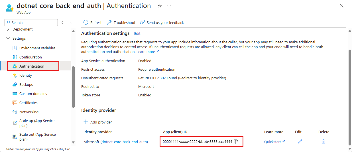 Skärmbild av fönstret Microsoft Entra-inställningar som visar Microsoft Entra-appen och fönstret Microsoft Entra-program som visar det klient-ID som ska kopieras.
