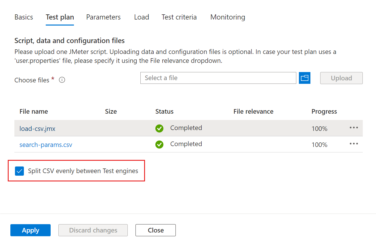 Skärmbild som visar kryssrutan för att aktivera delning av C S V-indatafiler när du konfigurerar ett test i Azure-portalen.