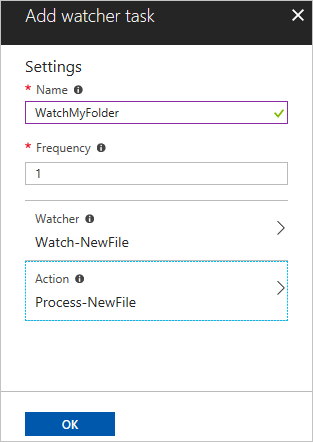 Skärmbild av hur du konfigurerar watcher-åtgärder i Azure-portalen.