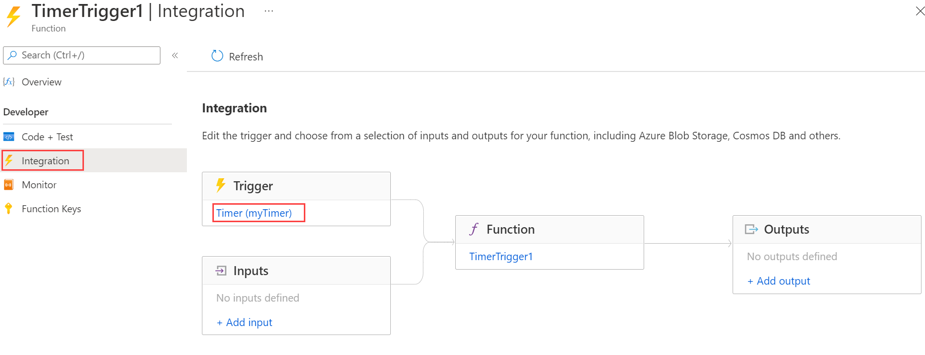 Skärmbild av sidan för uppdatering av timer-schema i Azure-portalen.
