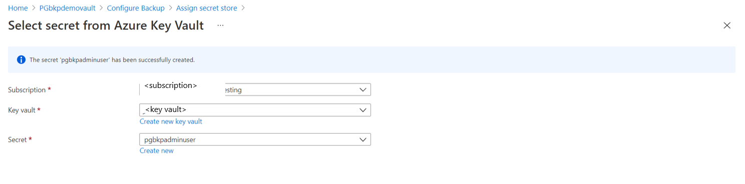 Skärmbild som visar valet av en hemlighet från Azure Key Vault.