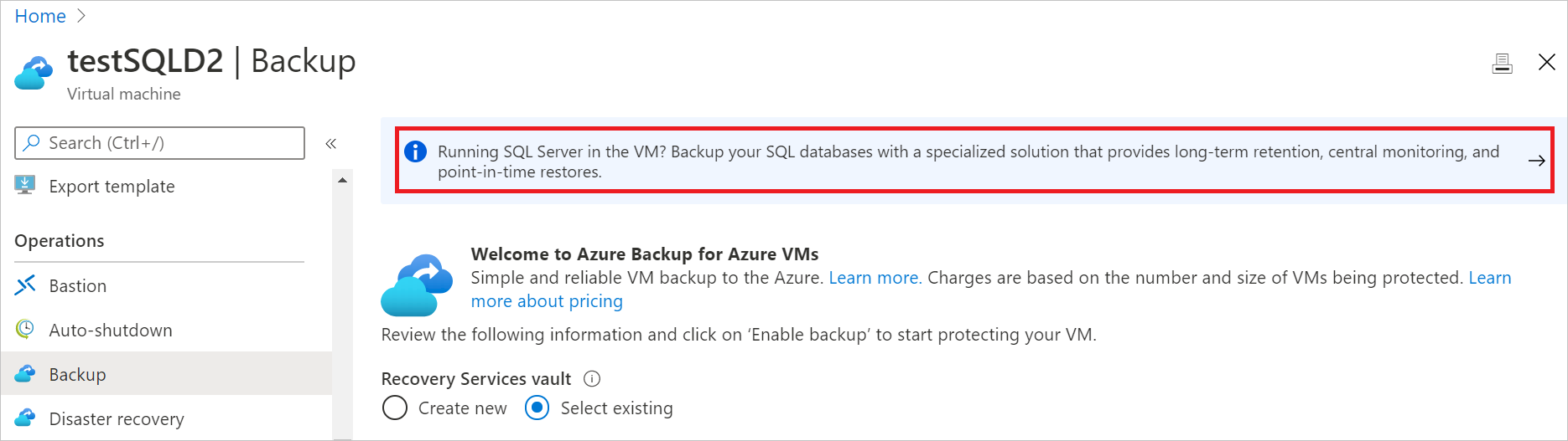 Skärmbild som visar säkerhetskopieringsvyn för SQL Server.
