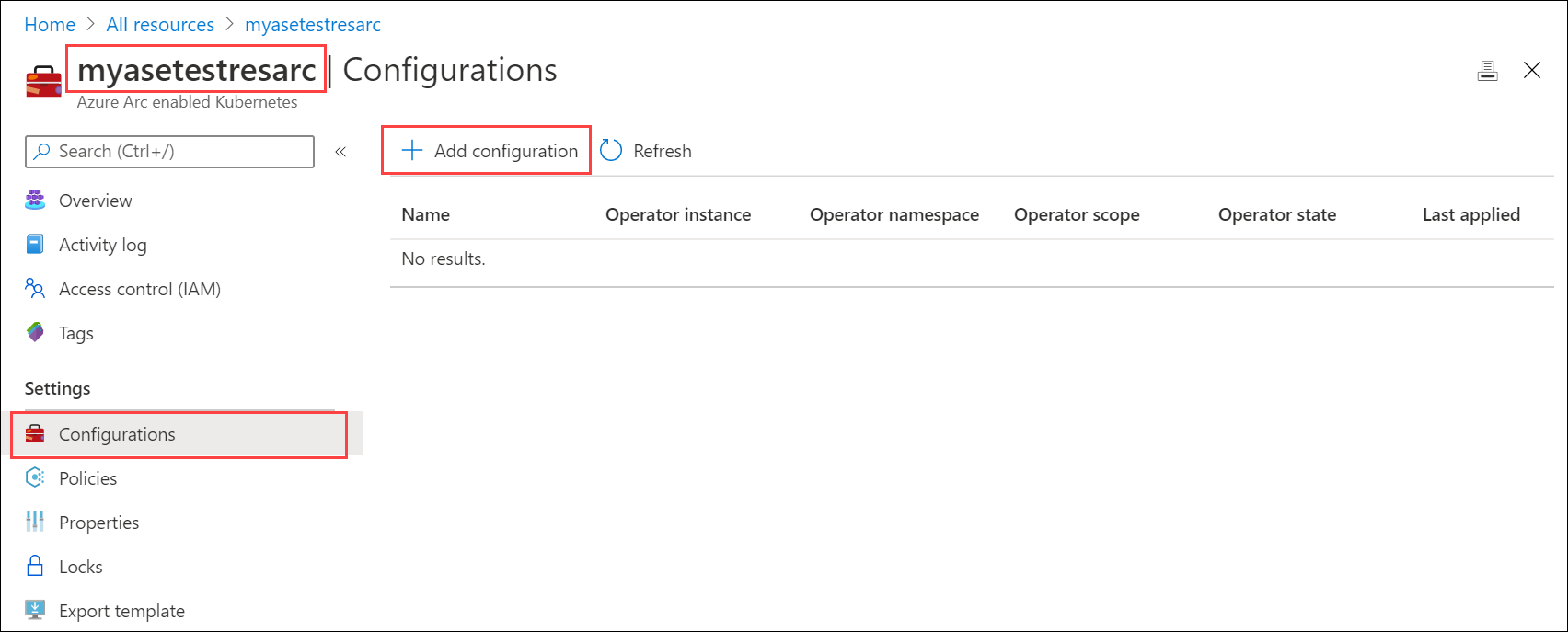Skärmbild som visar Det Azure Arc-aktiverade Kubernetes-klustret med Lägg till konfiguration valt.