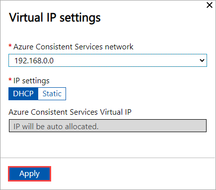 Skärmbild av sidan för lokalt webbkluster av U I med panelen Virtual I P-inställningar, konfigurerad för Azure-konsistenta tjänster på den första noden.