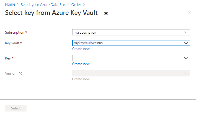 Skärmdump av de kontroller som finns när du konfigurerar befintliga Azure Key Vault-inställningar på fliken Säkerhet i Data Box-exportordningen.