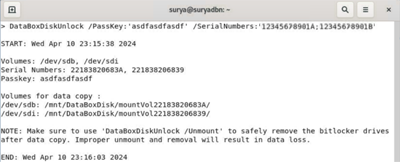 Skärmbild av utdata som visar framgångsrikt upplåsta Data Box-diskar.