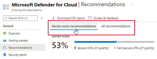 Tabs för att ändra vyn för rekommendationslistan i Azure Security Center.