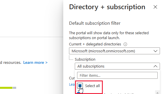Filtering-prenumerationer i Azure portal.