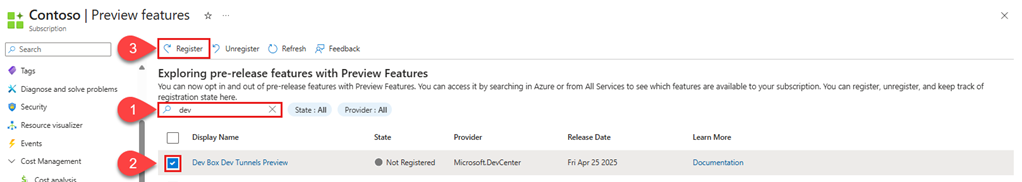 Skärmbild av sidan Förhandsgranskningsfunktioner i Azure-portalen med posten Dev Box Dev Tunnels markerad och knappen Registrera synlig.