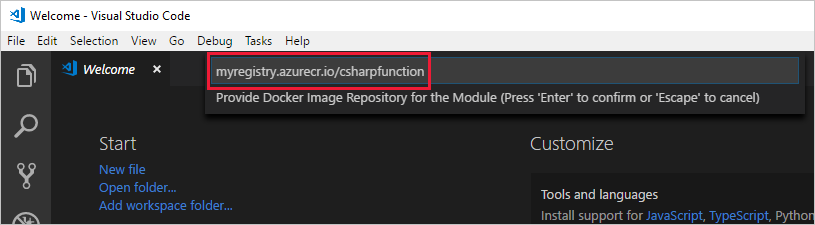Screenshot som visar var du lägger till namnet på Docker-avbildningslagringsplatsen i Visual Studio Code.