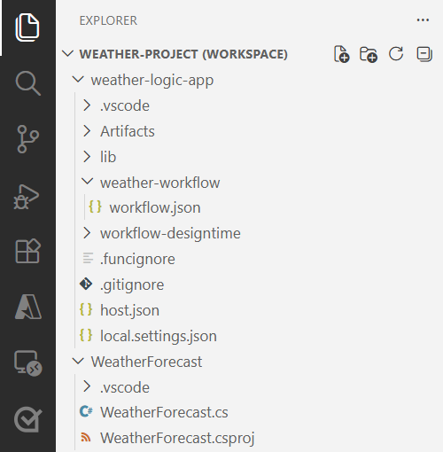 Screenshot visar den skapade arbetsytan med logikappsprojektet och .NET functions project.