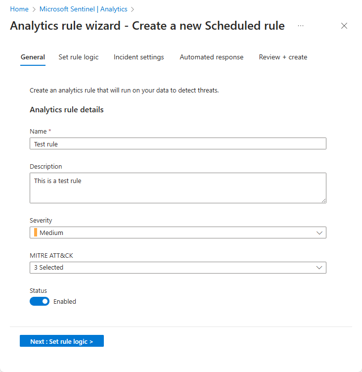 Skärmbild av öppningsskärmen i analysregelguiden i Azure Portal.