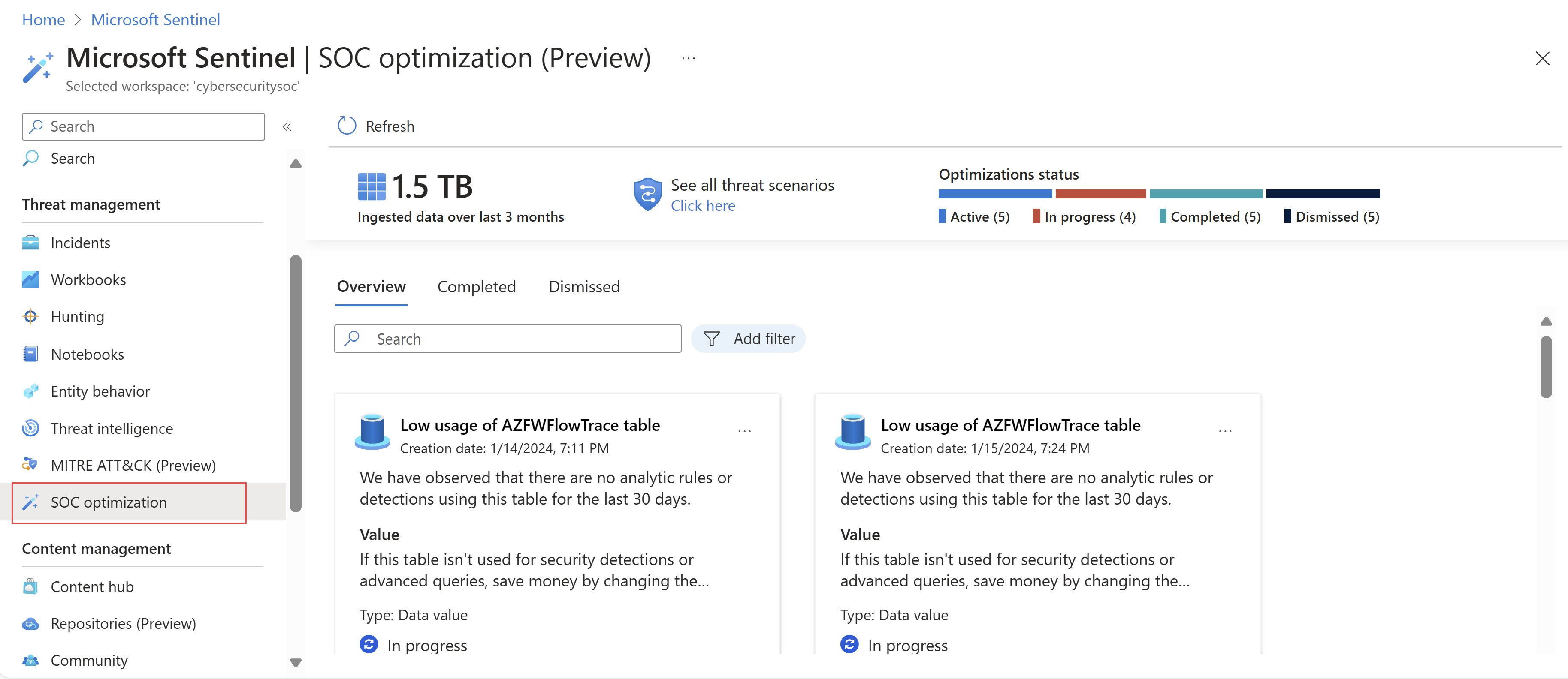 Skärmbild av optimeringssidan för SOC i Azure Portal.
