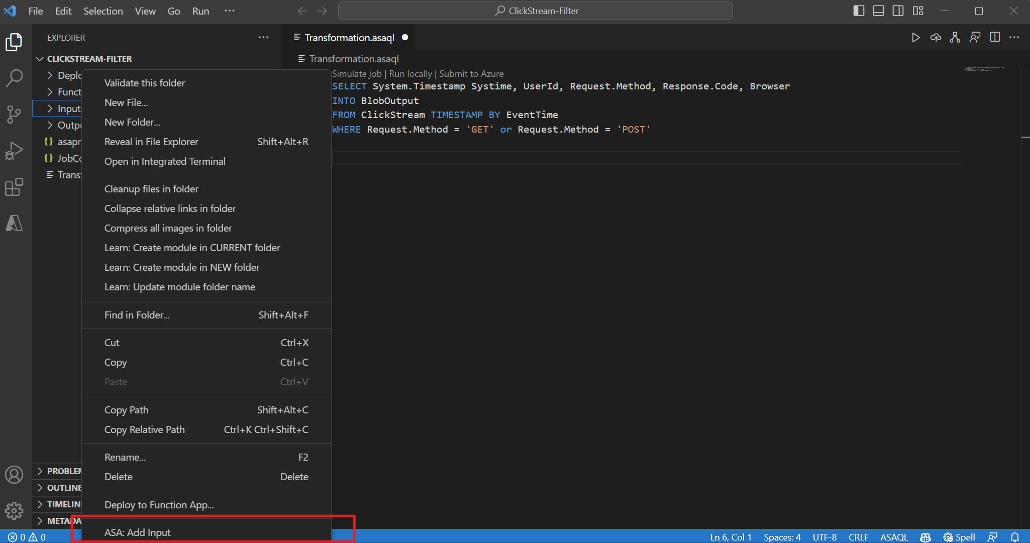 Skärmbild av VS Code-tillägget som lägger till indata via rullgardinsmenyn.