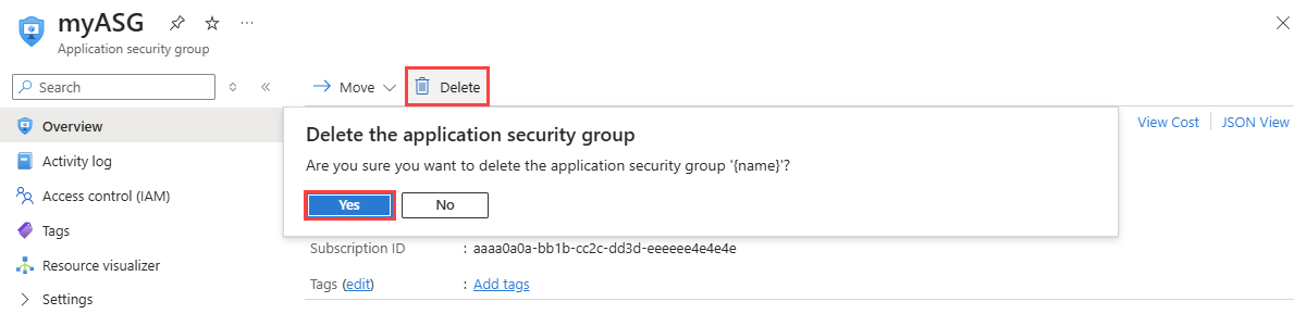 Skärmbild av att ta bort en programsäkerhetsgrupp i Azure-portalen.