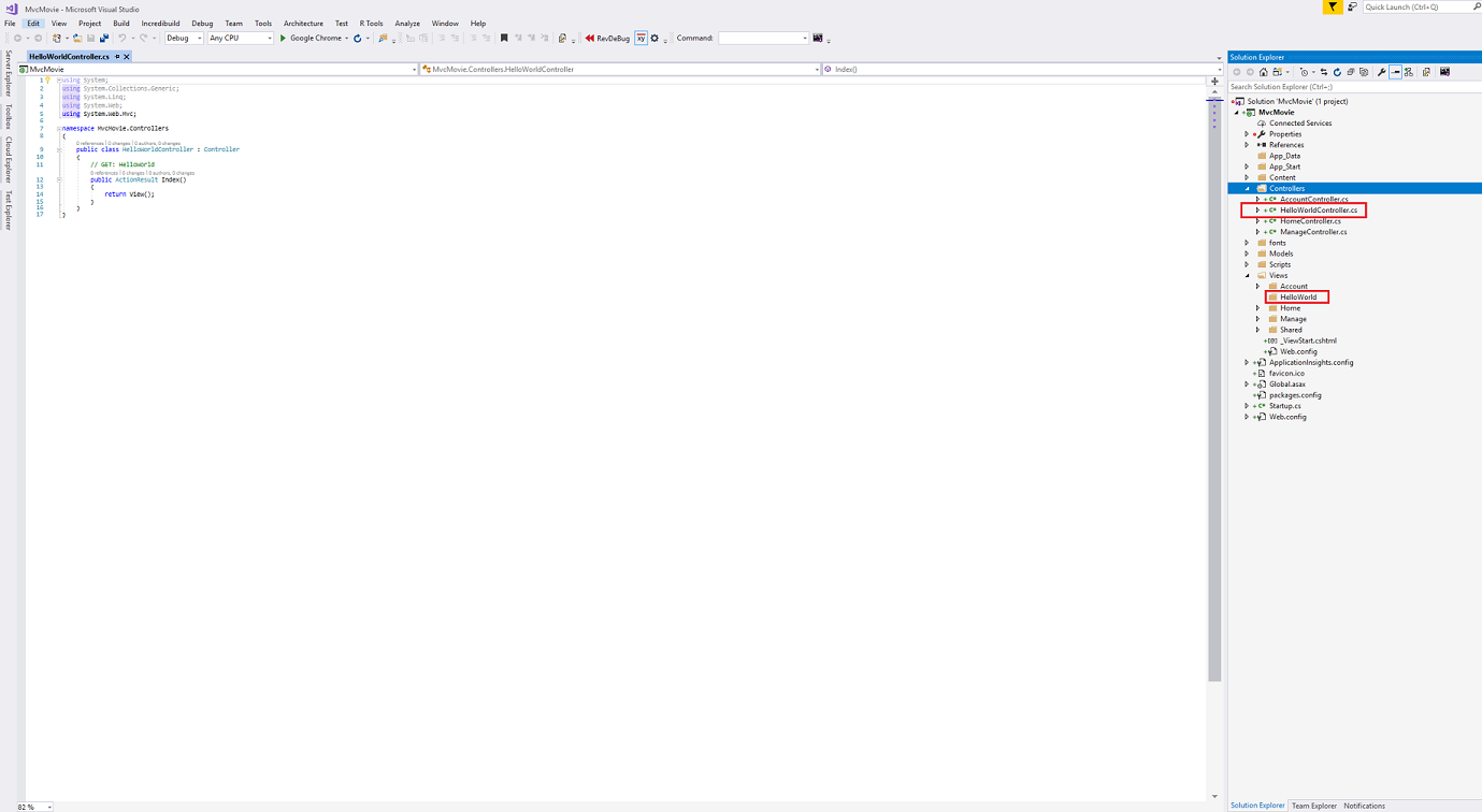 Skärmbild som visar fliken Hello World Controller punkt c s öppen. I Solution Explorer är undermappen Hello World Controller dot c s och Hello World-undermappen inringad i rött.