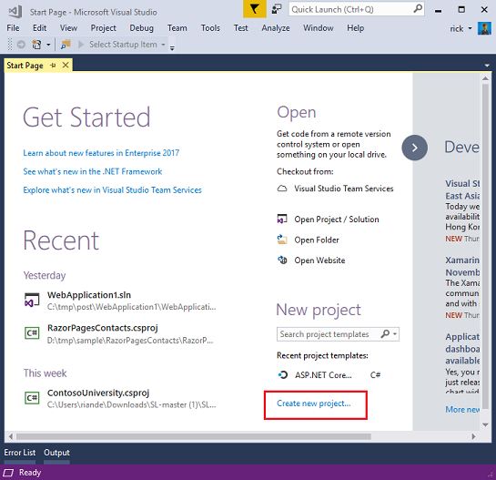 Skärmbild som visar Visual Studio-startsidan. Skapa nytt projekt är inringat i rött.