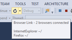 Skärmbild av Visual Studio med knappen Uppdatera markerad för att indikera att musen hovrar över knappen. Knappbeskrivning visar anslutna webbläsare.