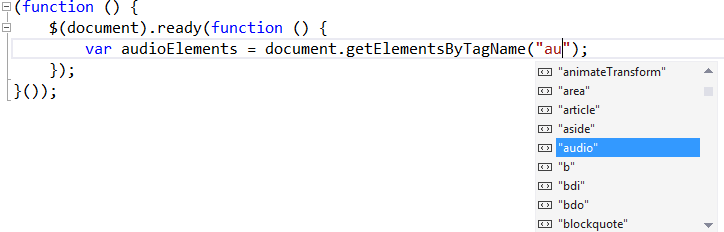 Visar IntelliSense för metoden getElementByTagName