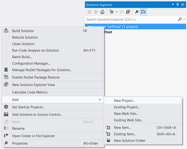 Skärmbild av Solution Explorer som visar menyalternativen Lägg till och Nytt projekt, som är markerade i vitt.
