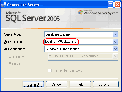 Skärmbild som visar fönstret Anslut till server i SQL Server Management Studio.