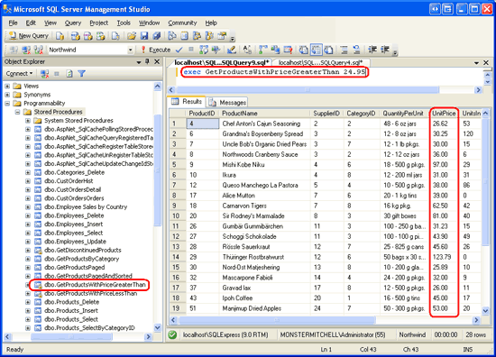 Skärmbild av microsoft SQL Server Management Studio-fönstret som visar den lagrade proceduren GetProductsWithPriceGreaterThan som visar produkter med en UnitPrice som är större än 24,95 USD.