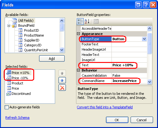 Konfigurera egenskaperna ButtonFields Text, CommandName och ButtonType