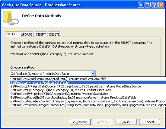 Visa data som returneras från Metoden GetProducts för ProductsBLL-klassen