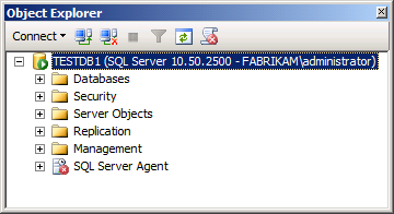 I fönstret Object Explorer högerklickar du på den överordnade servernoden (till exempel TESTDB1) och klickar sedan på Starta om.