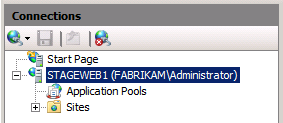 I IIS-hanteraren i fönstret Anslutningar expanderar du servernoden (till exempel STAGEWEB1).