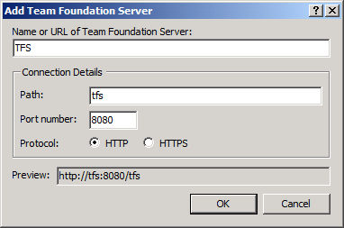 I dialogrutan Lägg till Team Foundation Server anger du information om TFS-instansen och klickar sedan på OK.