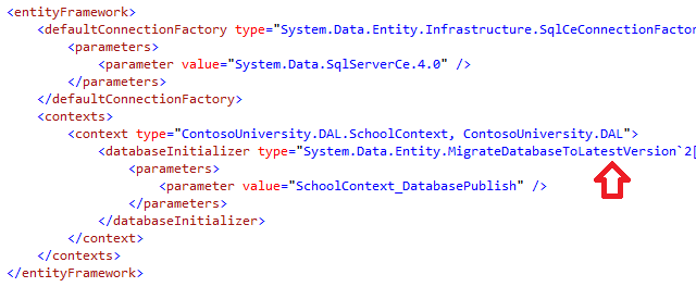 Öppna filen Web.config i det distribuerade programmet på C:\inetpub\wwwroot\ContosoUniversity och se var distributionsprocessen konfigurerade Code First Migrations för att automatiskt uppdatera databasen till den senaste versionen.