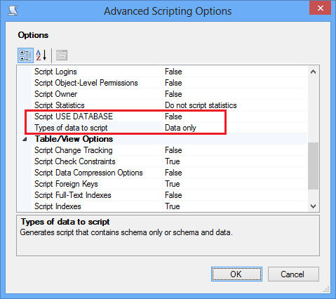 Endast SSMS-skriptdata, ingen USE-instruktion