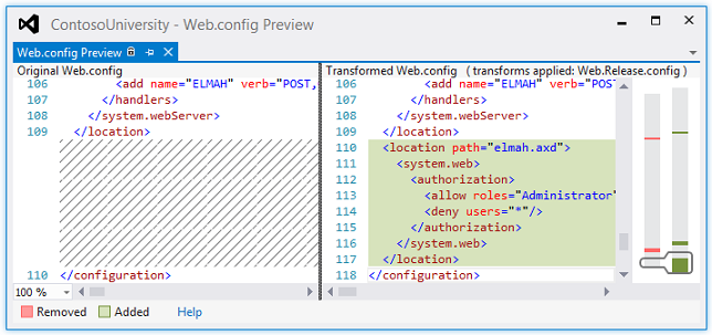 Skärmbild som visar Web.config förhandsversion med filen Original Web.config till vänster och hur transformerade Web.config-filen kommer att se ut till höger med ändringarna markerade.