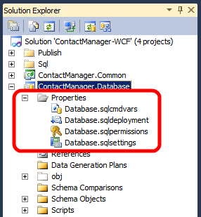 Om du öppnar Contact Manager-exempellösningen i Visual Studio 2010 ser du att databasprojektet innehåller en egenskapsmapp som innehåller fyra filer.
