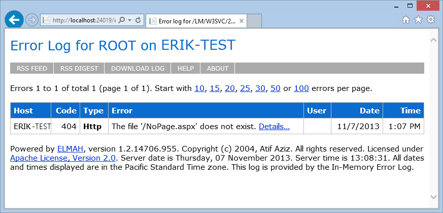 ASP.NET felhantering – ELMAH-fellogg