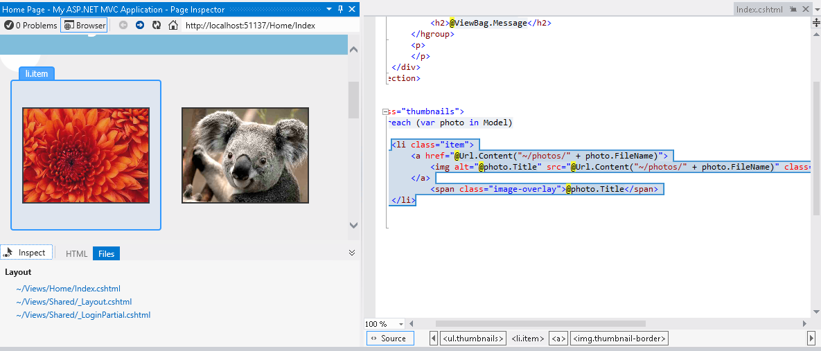 Skärmbild som visar fönstret Sidkontroll och Visual Studio-redigeraren med elementtypen som visas och motsvarande källmarkering markerad.