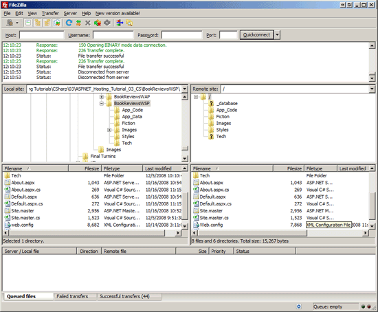 Skärmbild av FileZilla FTP-klientfönstret, som visar att ASP dot Net källkodsfilena har laddats upp framgångsrikt till servern.