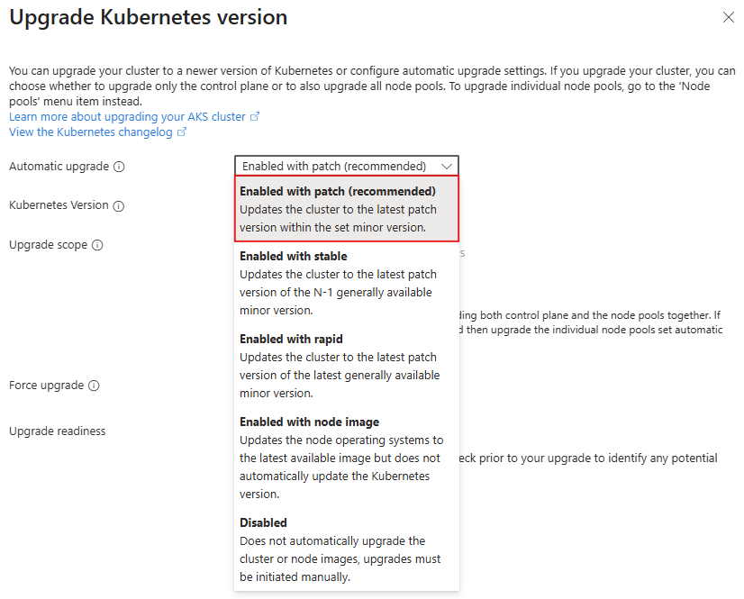 Skärmbild av skärmen Uppgradera version med alternativet Automatisk uppgradering inställt på Aktiverad med korrigering (rekommenderas).