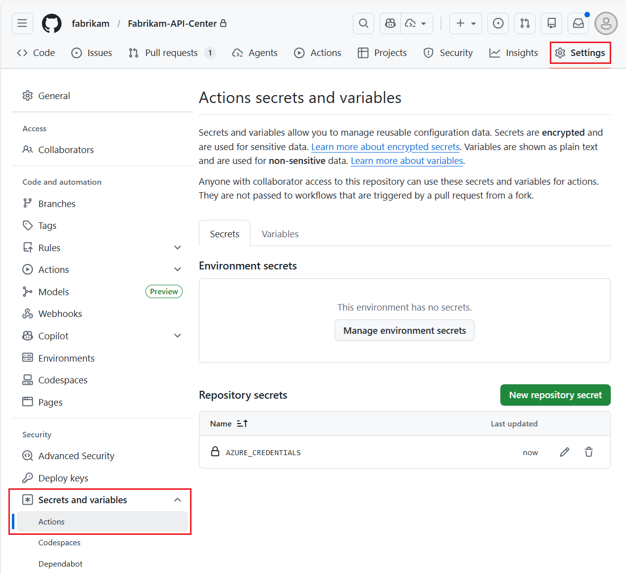 Skärmbild av hemligheter för åtgärder på en GitHub-lagringsplats.