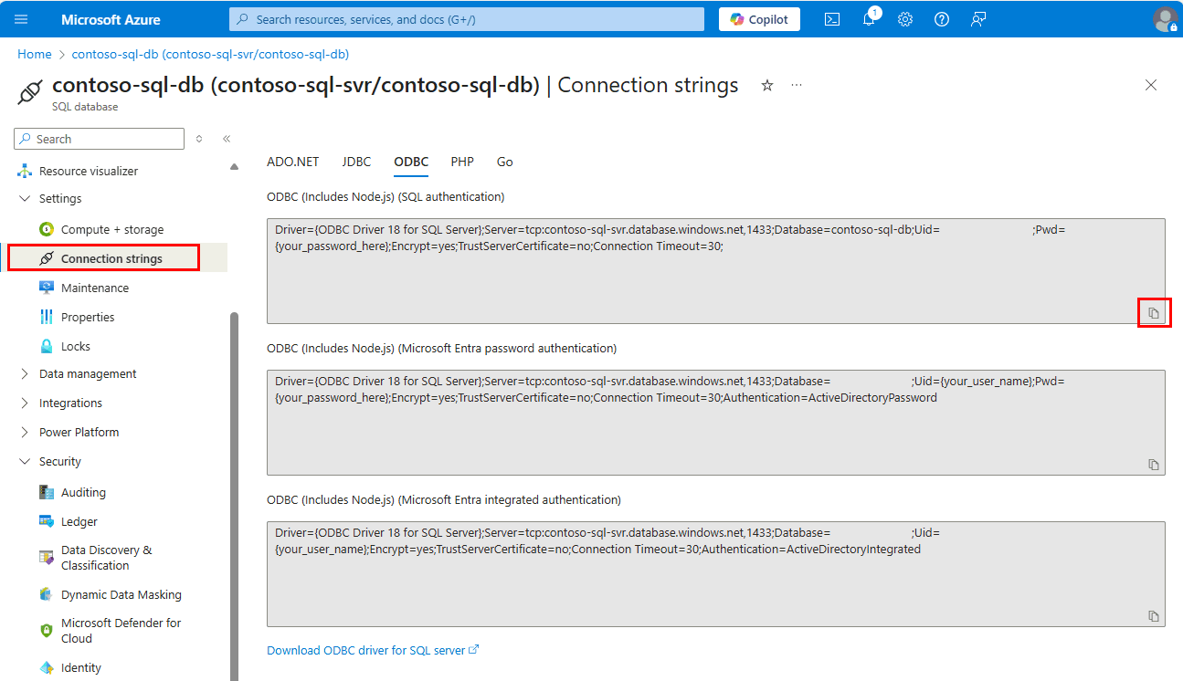 Skärmbild från Azure-portalen för en ODBC-anslutningssträng.