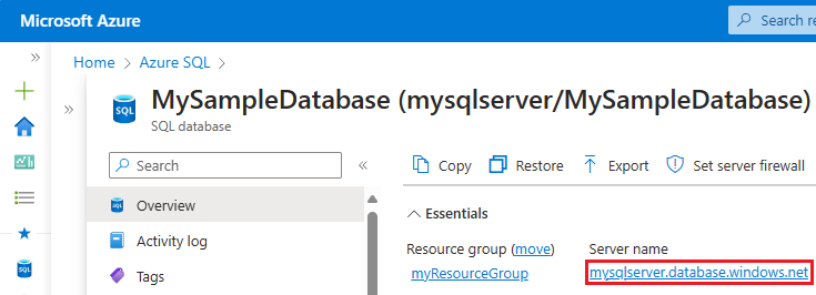 Skärmbild för att öppna servern för en enskild databas i Azure-portalen.