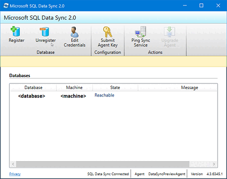 Skärmbild från Microsoft SQL Data Sync 2.0-programmet som visar att SQL Server-databasen och datorn nu är registrerade.