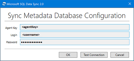 Skärmbild från Klientagentappen för Microsoft SQL Data Sync 2.0. Ange agentnyckeln och autentiseringsuppgifterna för servern.