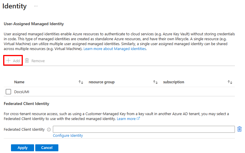 Skärmbild av identitetsmenyn i Azure-portalen.